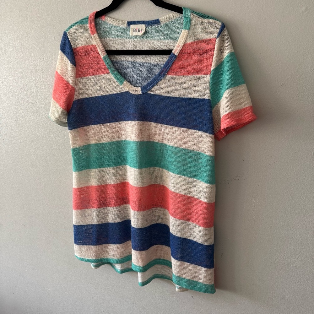 BiBi open knit v neck striped short sleeve top - Picture 7 of 14